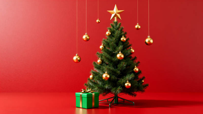 红色背景圣诞树与礼物图片