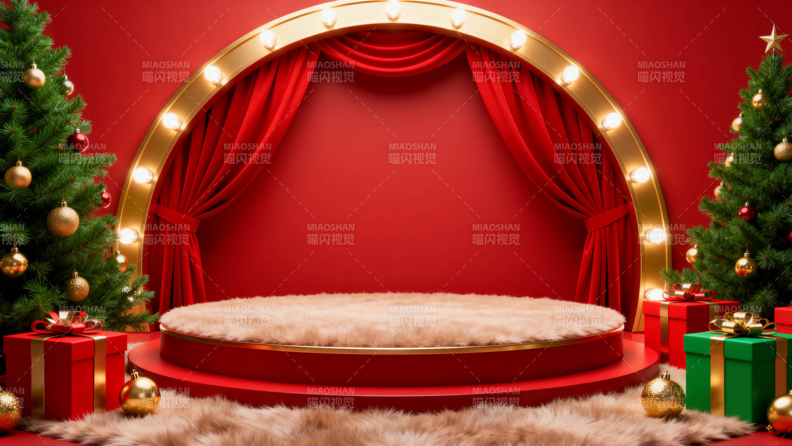 红色舞台圣诞装饰背景图片