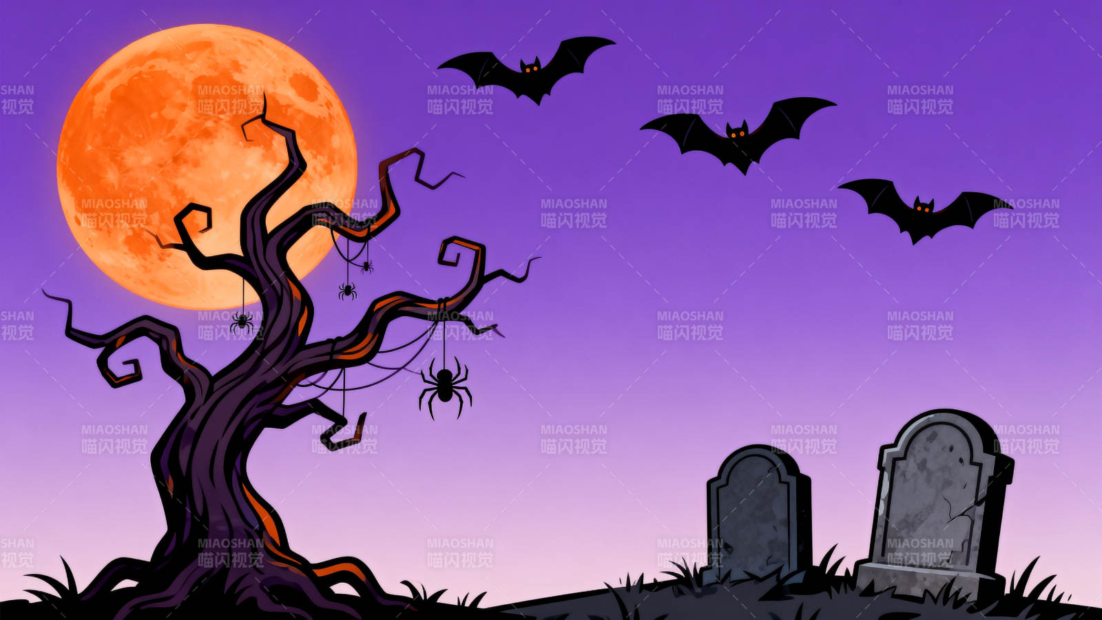 万圣节夜晚墓地与枯树图片