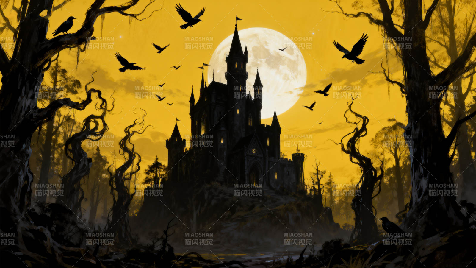 神秘古堡与乌鸦月夜图片