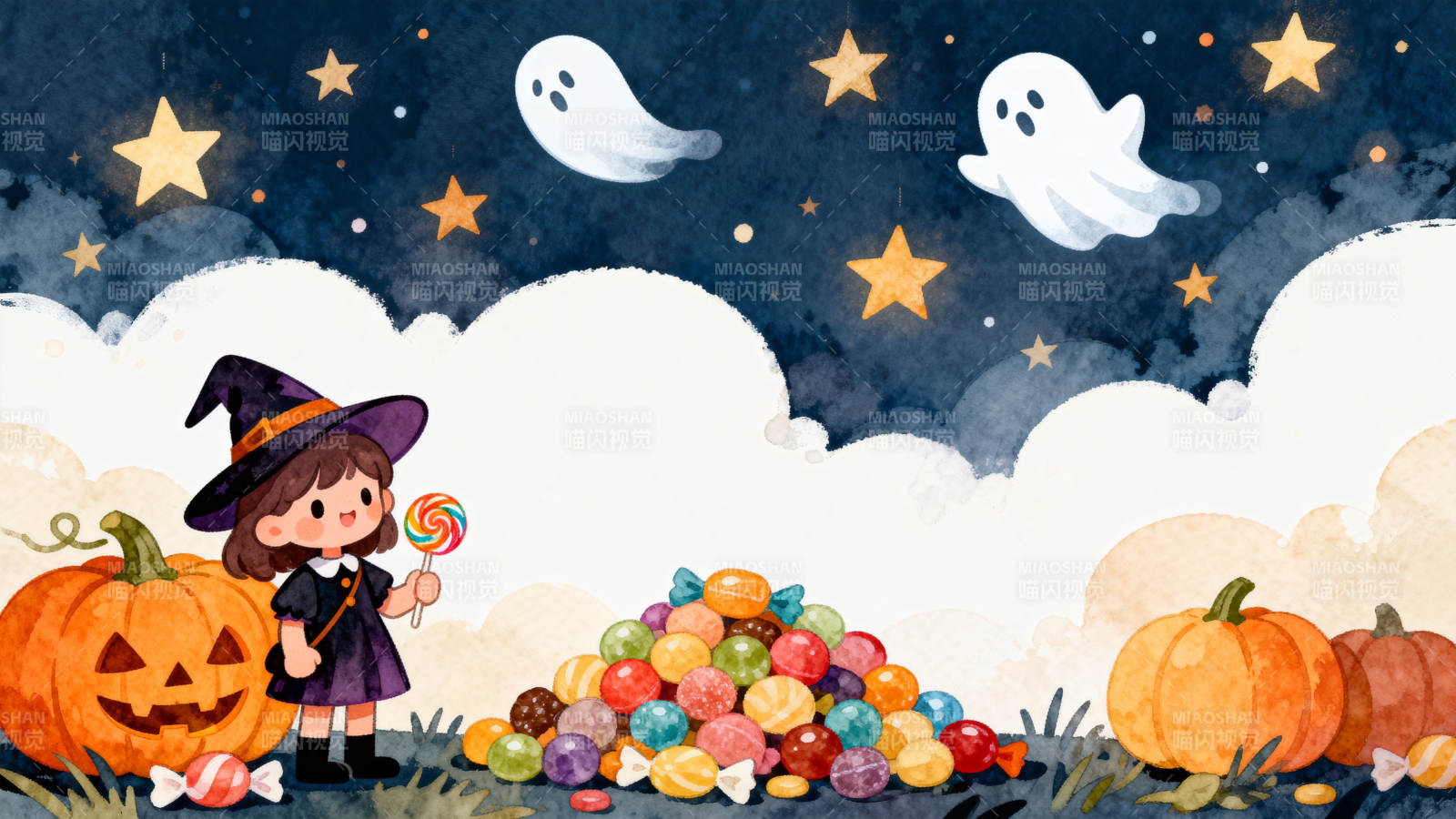 万圣节夜空下的糖果与女巫图片