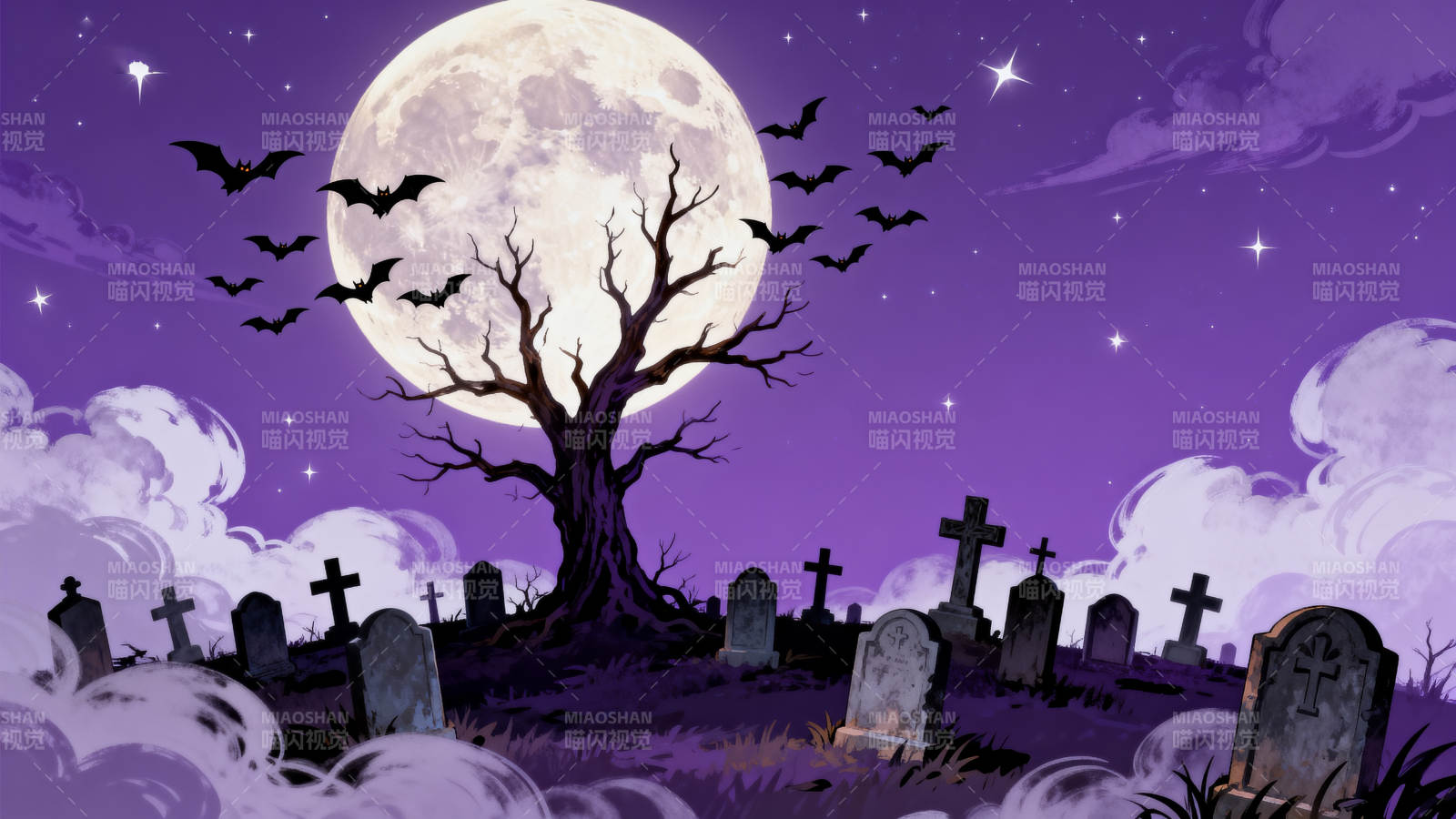 万圣节墓地夜晚场景图片