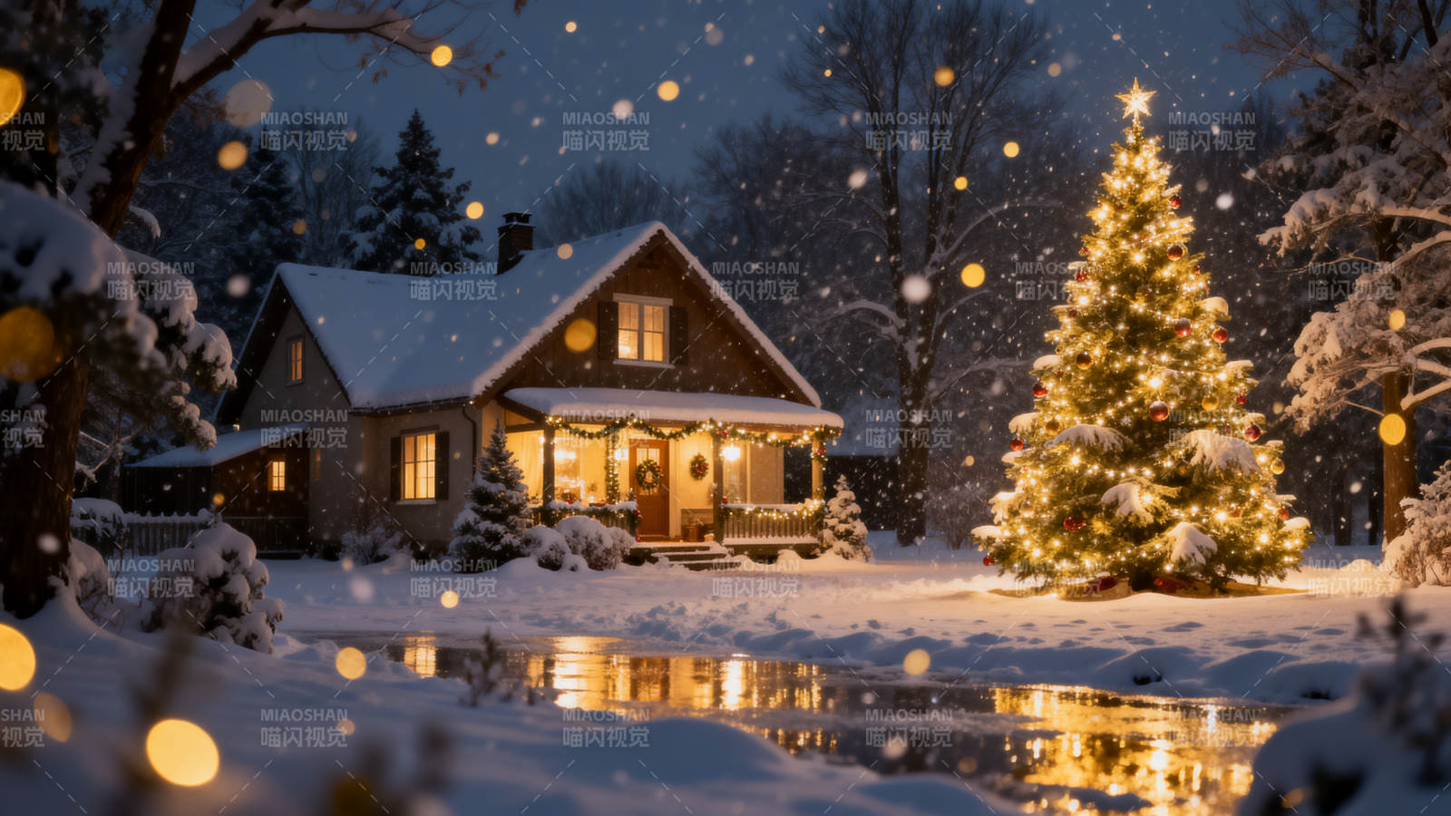 雪中圣诞夜的温馨小屋图片