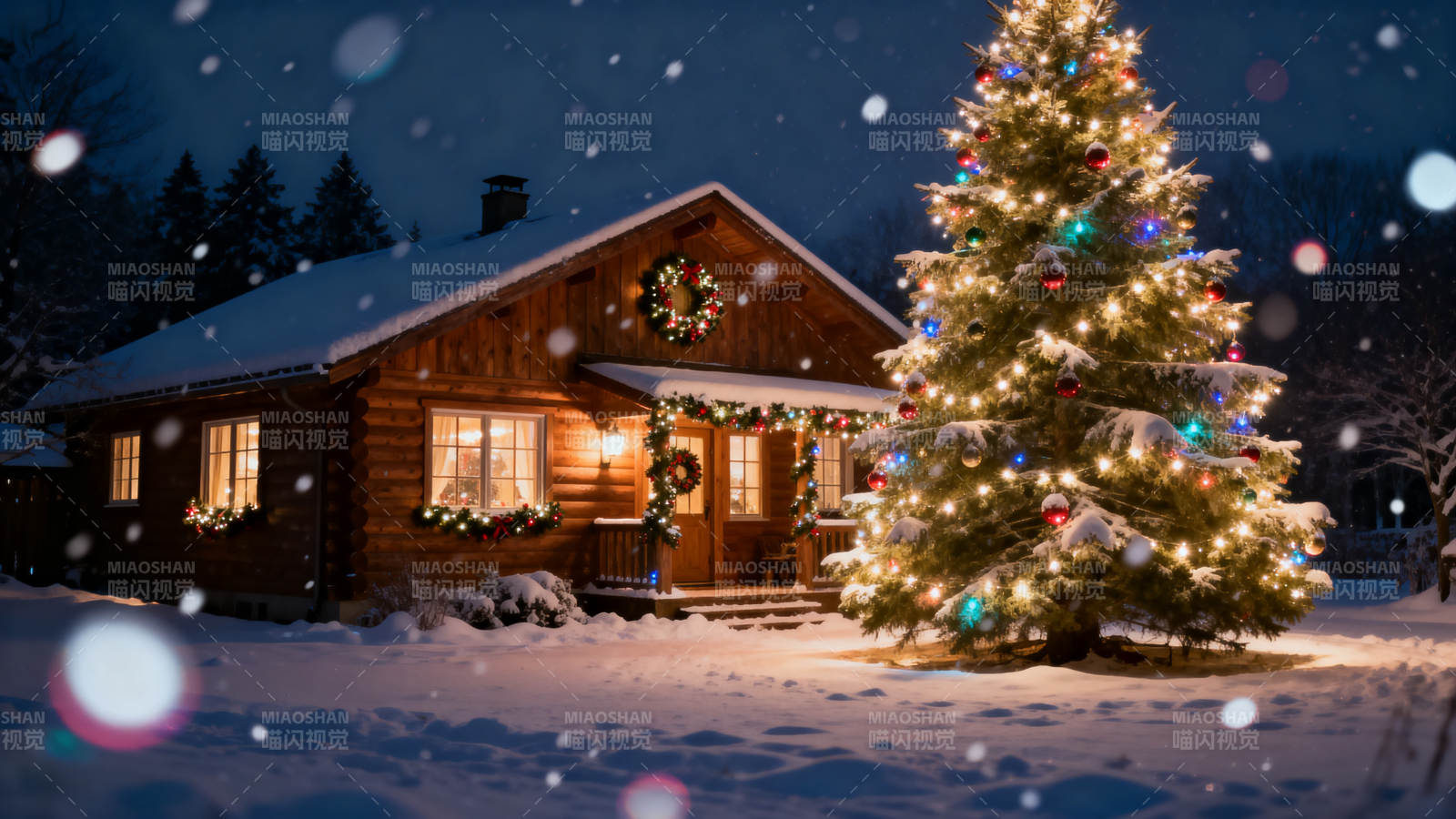 冬日圣诞小屋与圣诞树图片