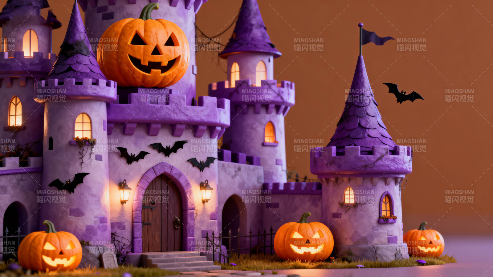 紫色城堡南瓜灯万圣节场景图片