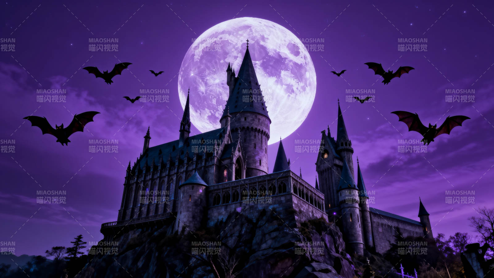 紫色月光下的魔法城堡图片