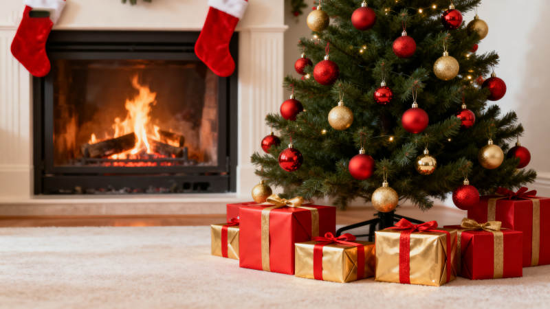 圣诞树与礼物的节日氛围图片