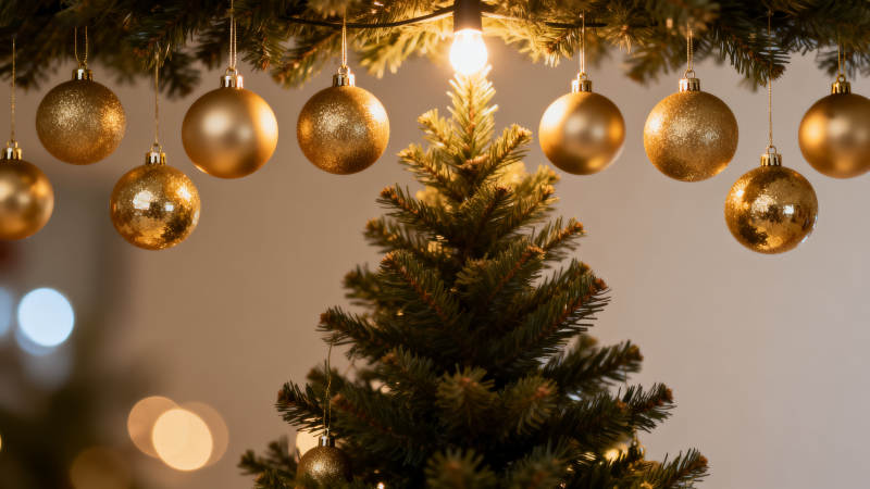 金色圣诞球装饰圣诞树图片