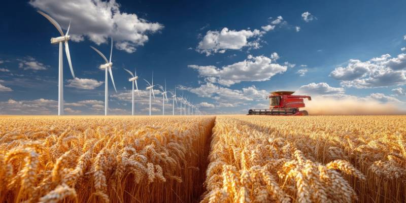 麦田收割与风电场图片