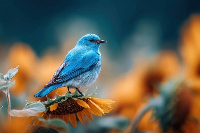 蓝色小鸟停在向日葵上图片