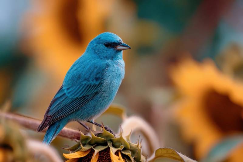 蓝色小鸟停在向日葵上图片