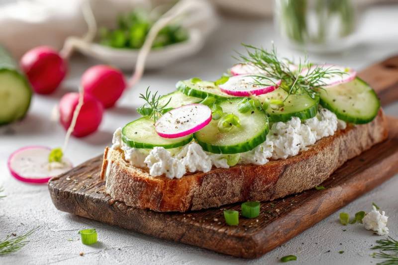 健康蔬菜奶酪开放式三明治图片