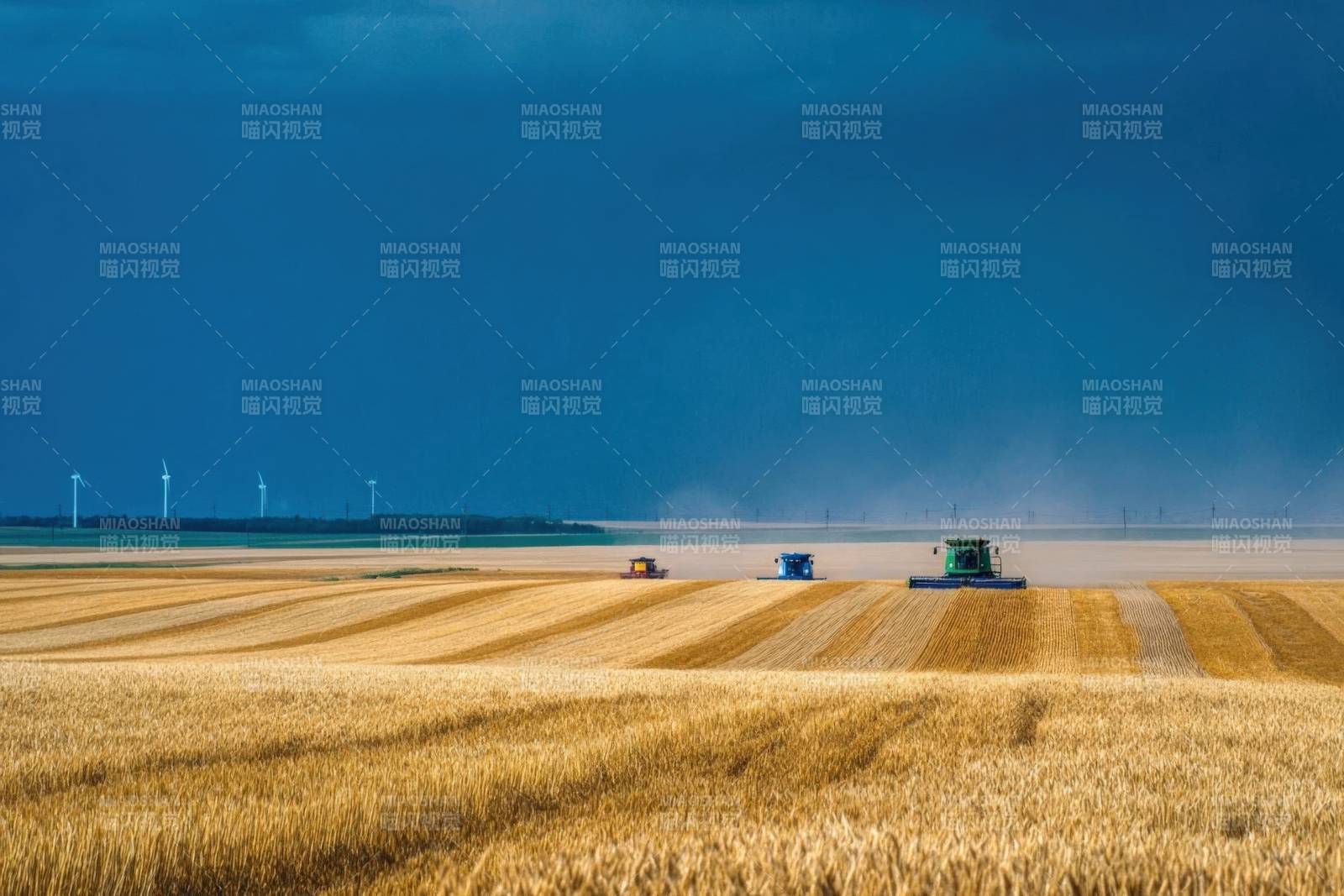 麦田收割机作业场景图片