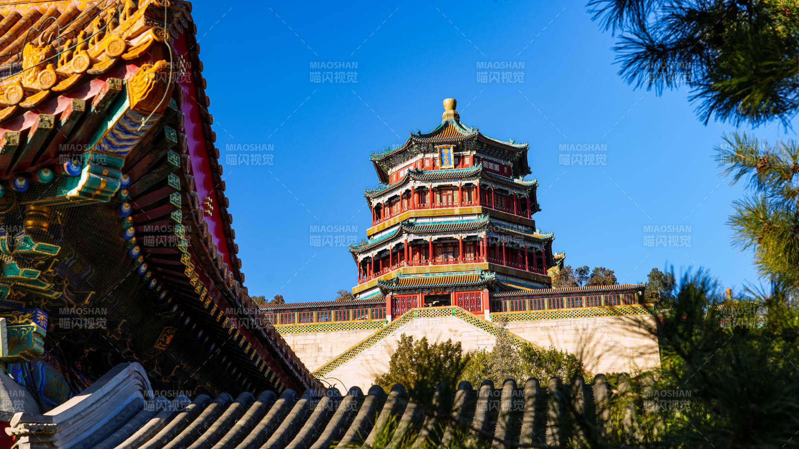 颐和园佛香阁映蓝天图片