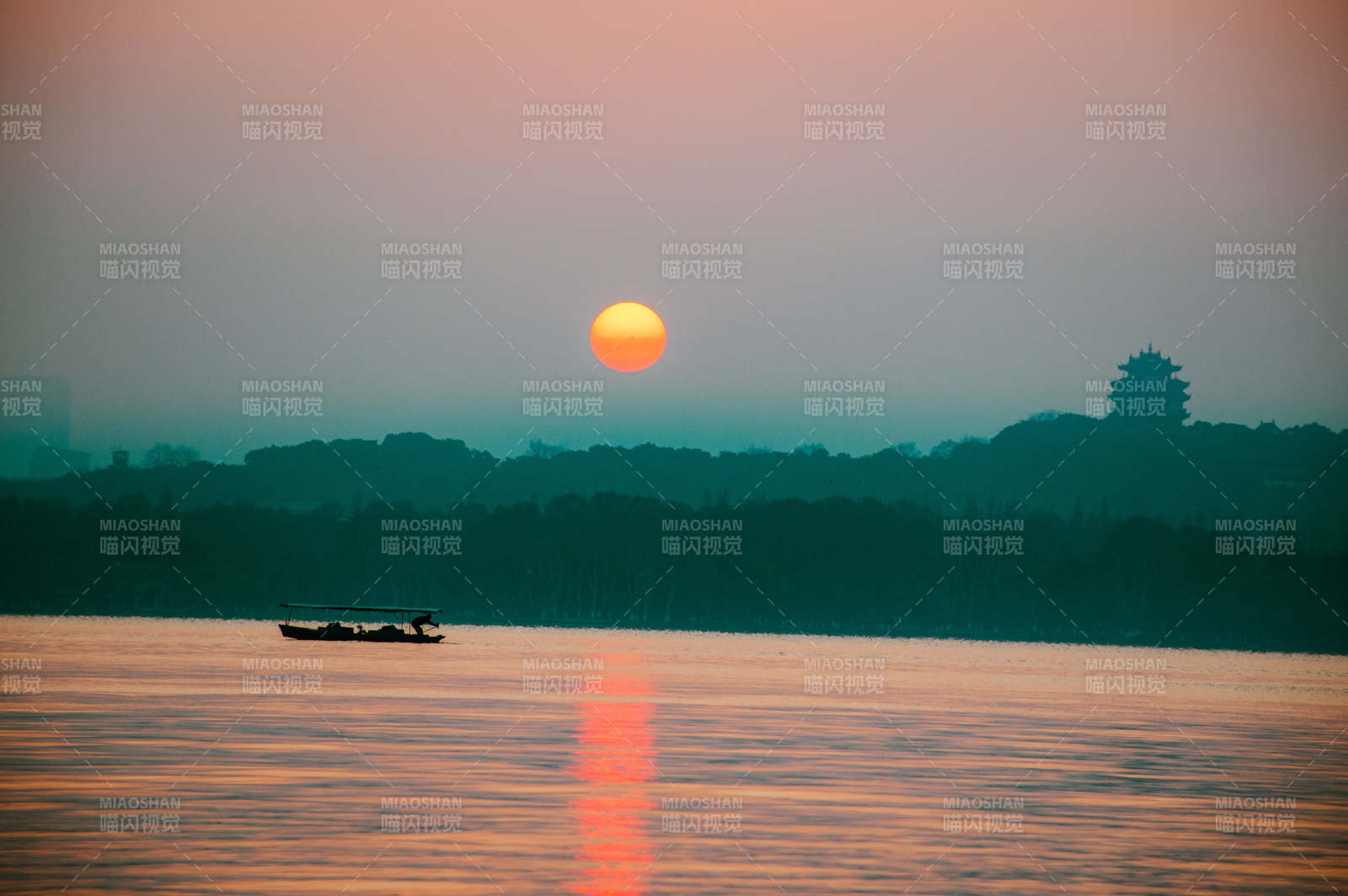 杭州西湖西冷桥日出图片