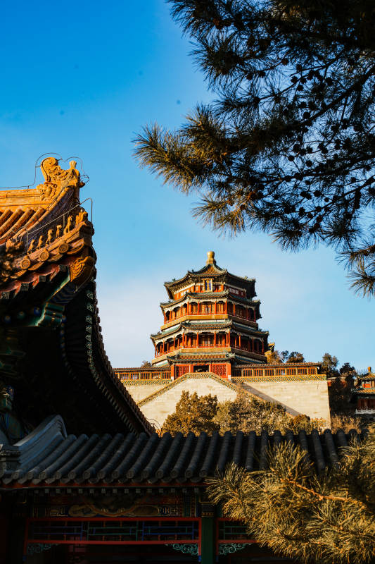 颐和园佛香阁 古塔映松 晴空如洗图片