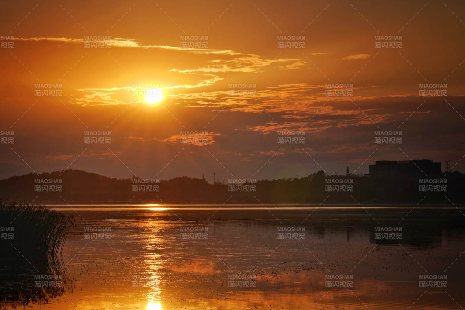 夕阳映湖光图片