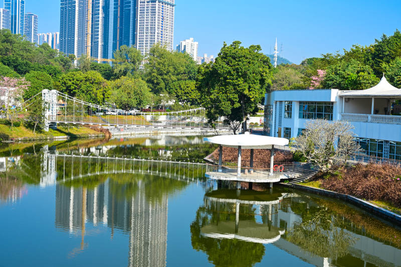 深圳东湖公园湖畔建筑与高楼倒影景观图片