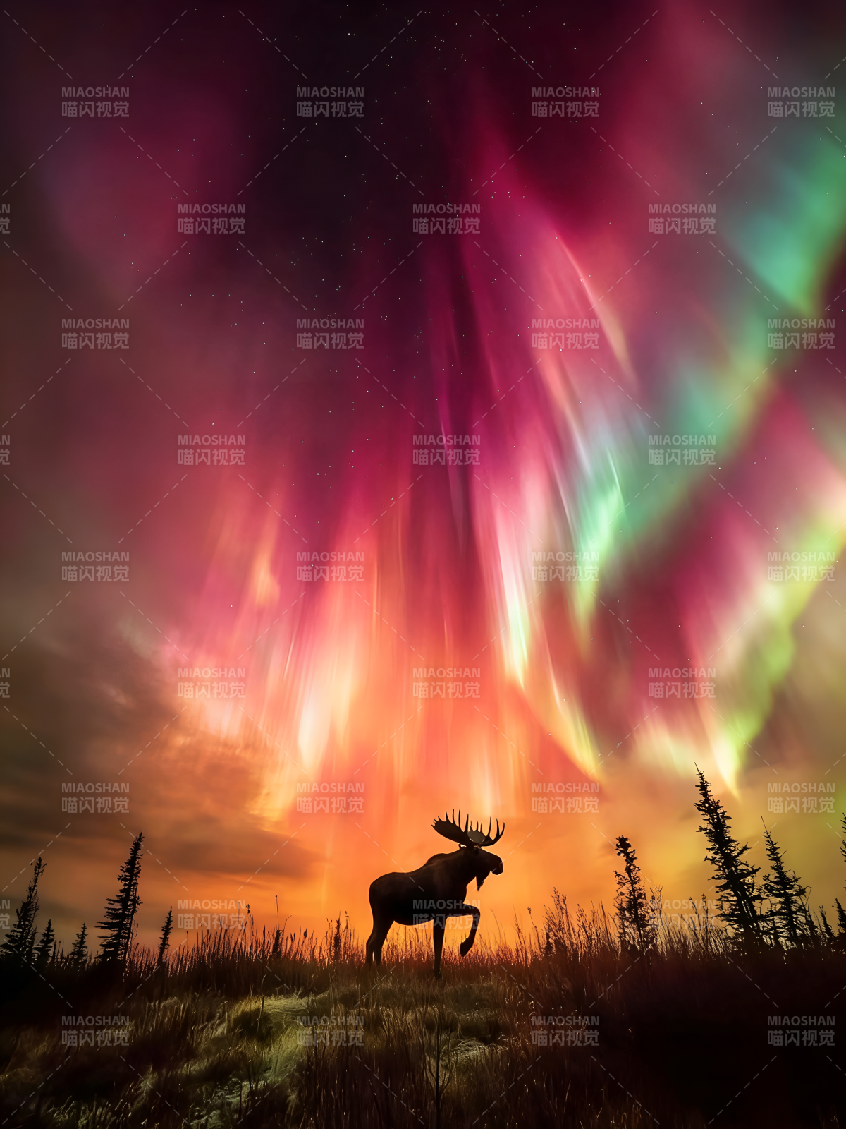极光下的驯鹿剪影图片