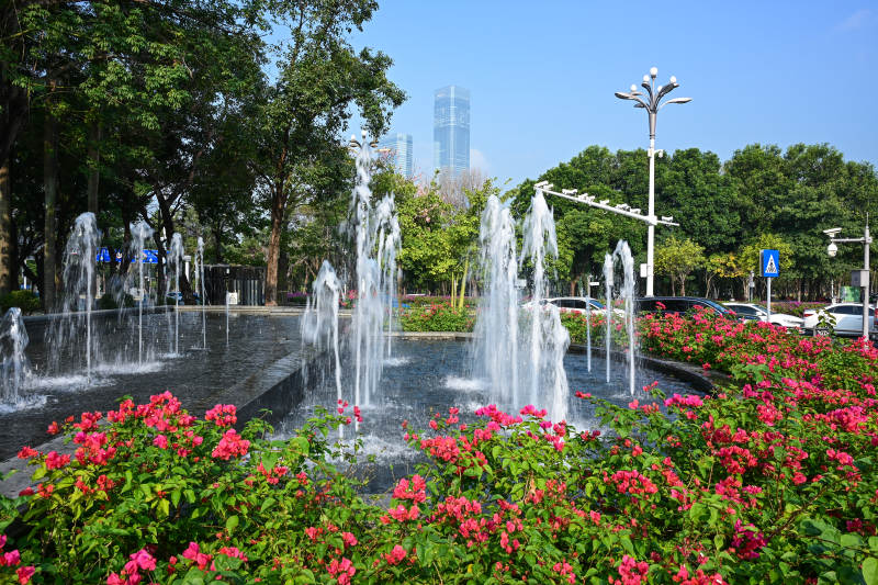 花丛喷泉映蓝天图片