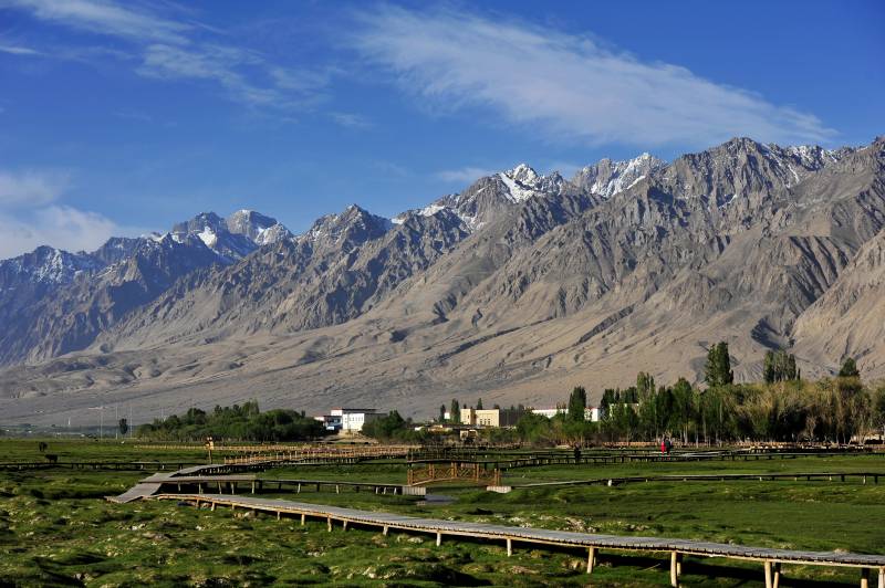 雪山下的绿洲风光图片