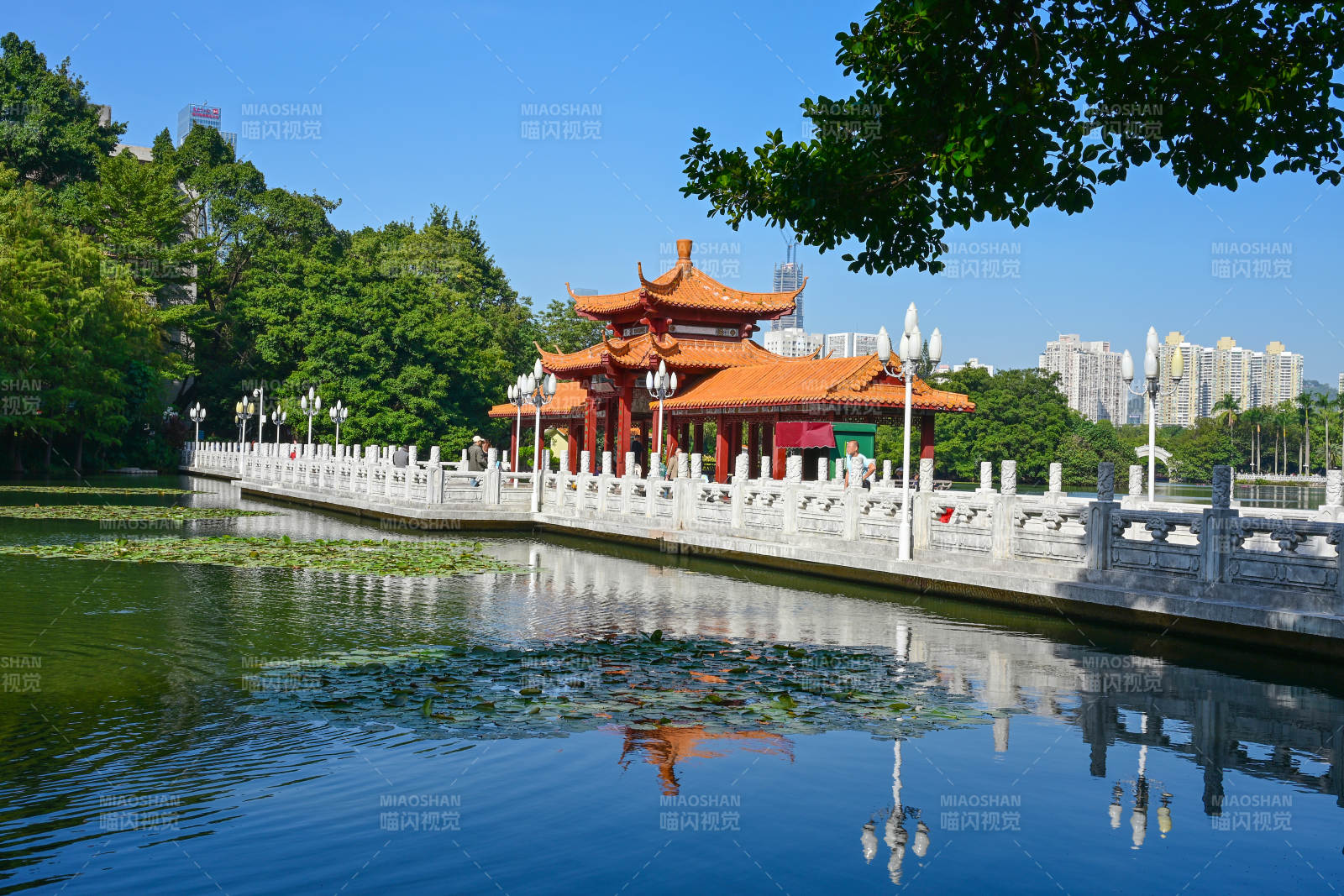 湖畔古亭映碧水图片