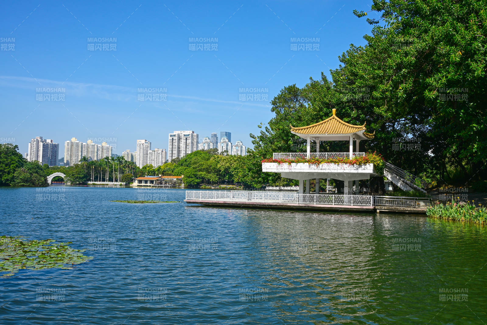 湖畔亭台城市景图片