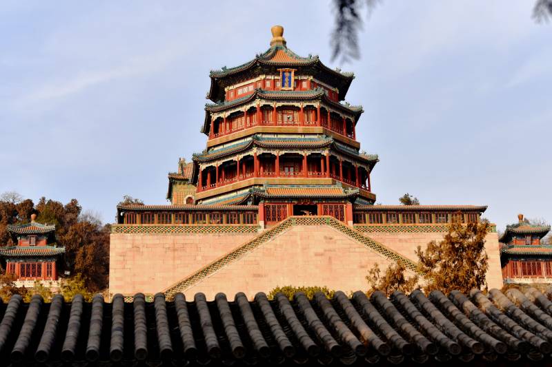 北京颐和园万寿山主峰上的佛香阁图片