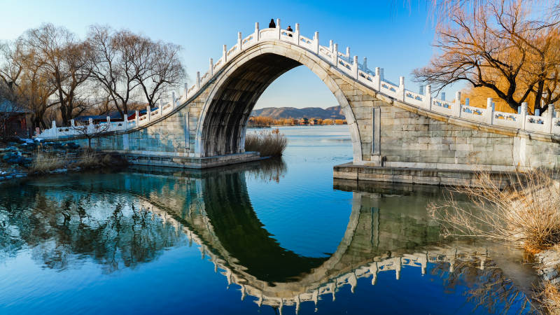 颐和园拱桥倒影湖光图片