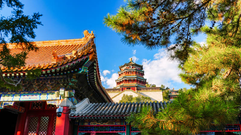 颐和园佛香阁松影映碧空图片