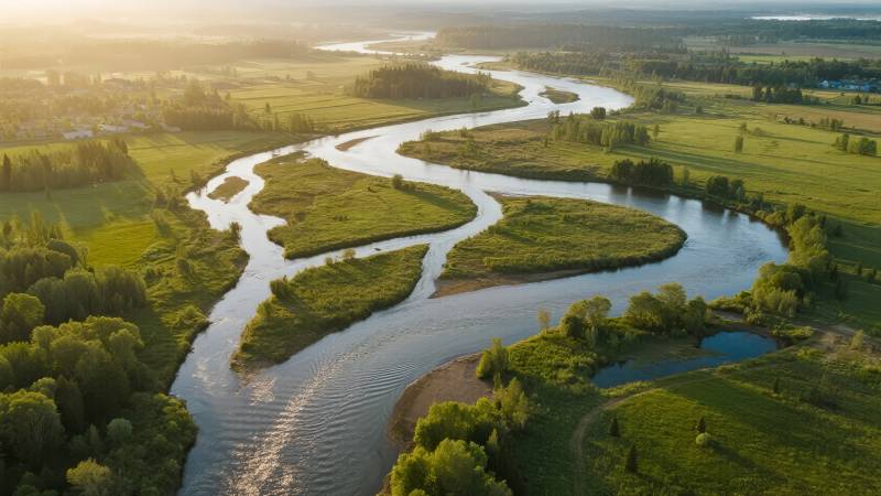 蜿蜒河流绿野间图片