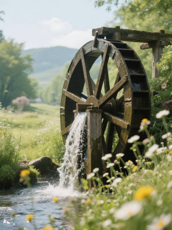 水车潺潺 花影婆娑图片