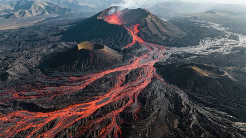 火山喷发熔岩流淌图片