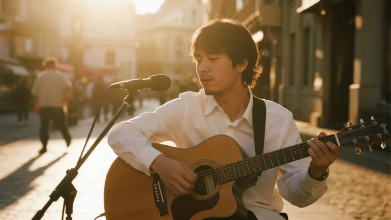 街头吉他手弹唱图片