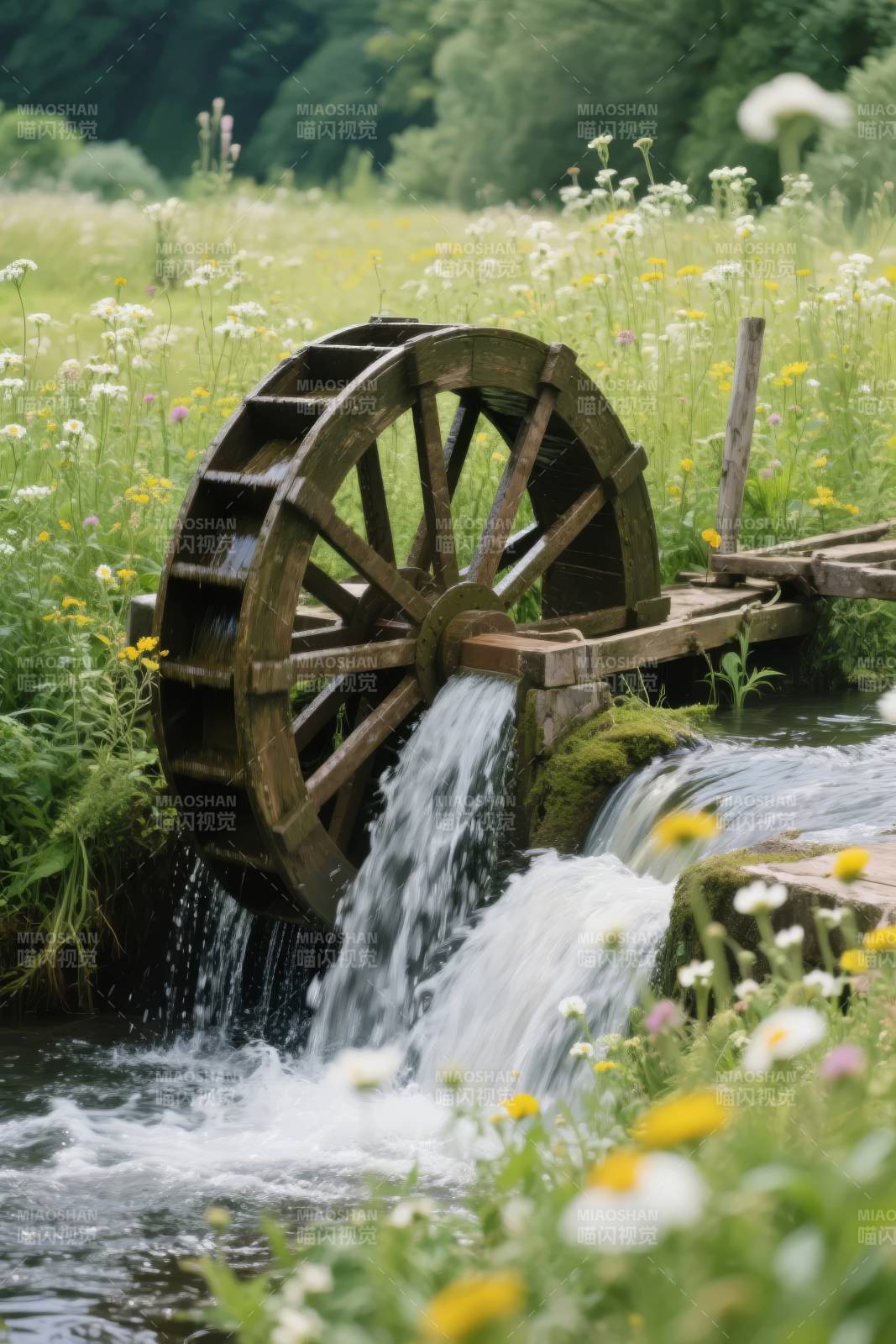 水车潺潺花间流图片