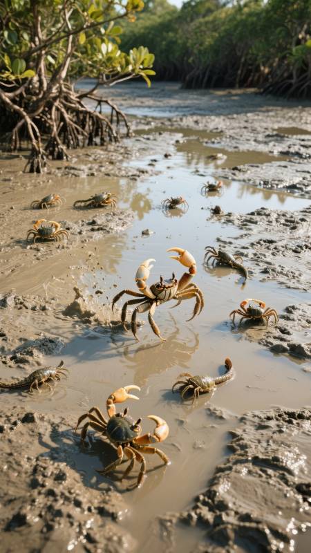 泥滩上的螃蟹群图片