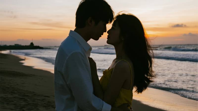 海边夕阳情侣剪影图片