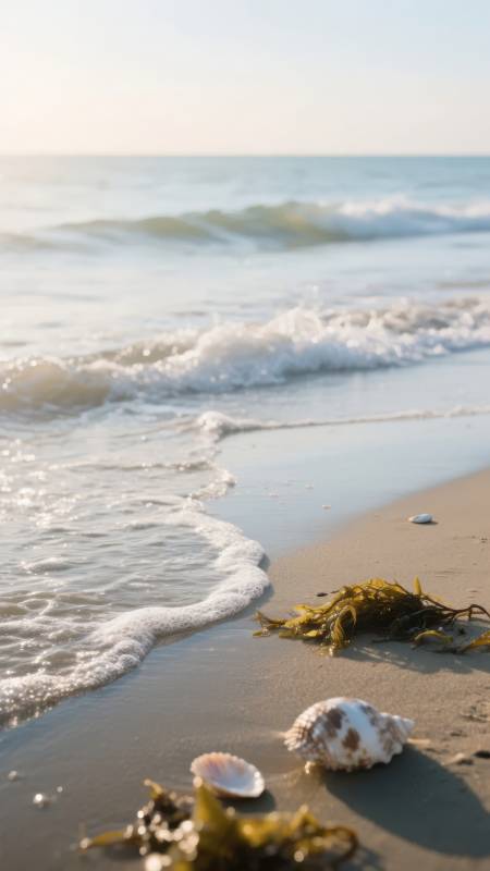 沙滩上的贝壳与海藻图片