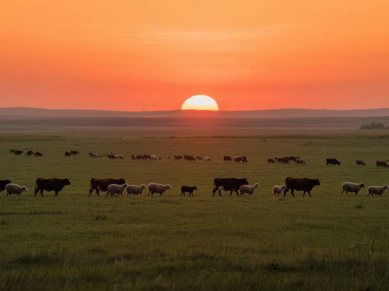 草原日落牧归图图片