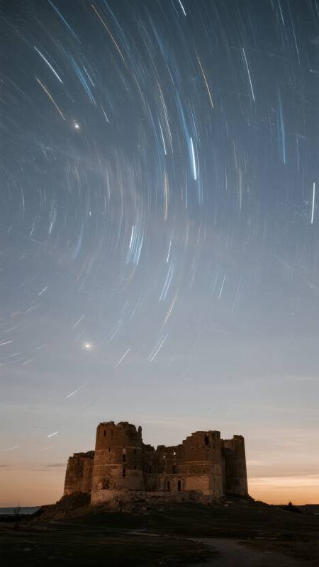 星轨下的古堡夜景图片