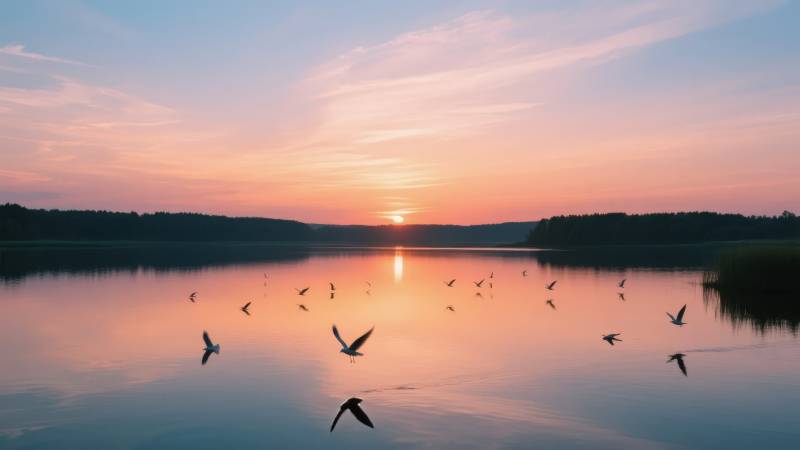 湖畔日落飞鸟图片