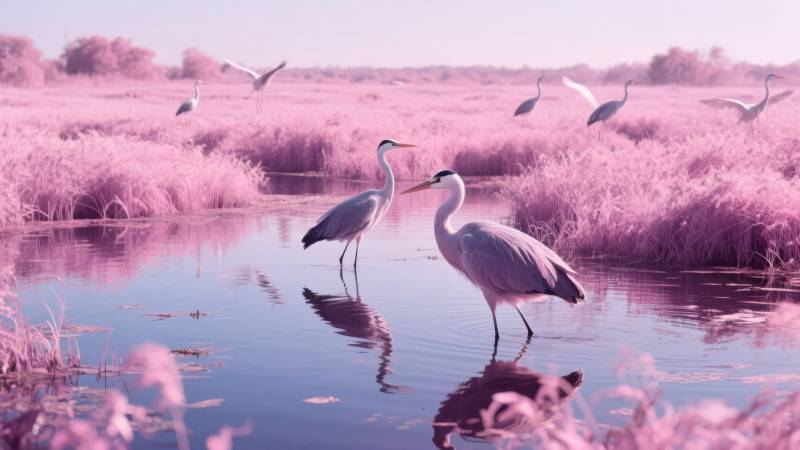 粉红湿地鹤影图片