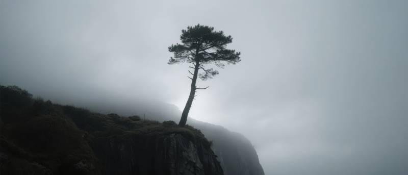 孤松立崖 云雾缭绕图片