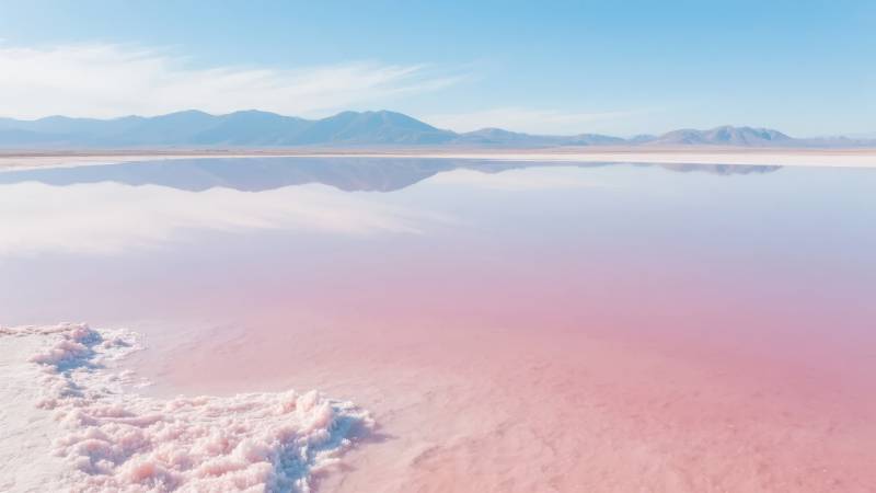 粉红盐湖镜面美景图片
