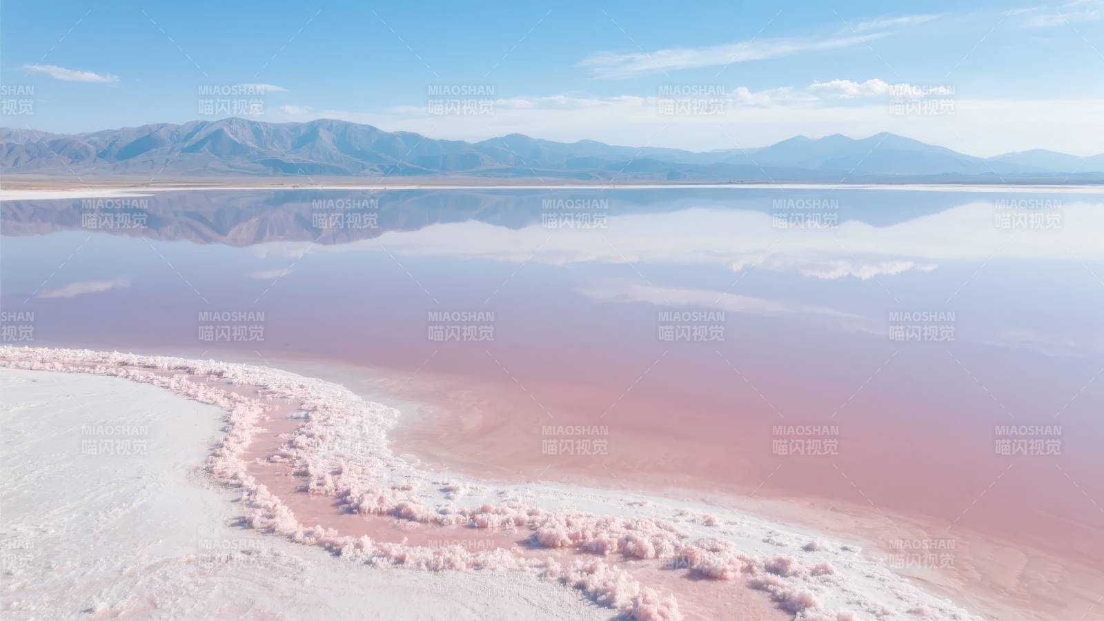粉红盐湖映山色图片