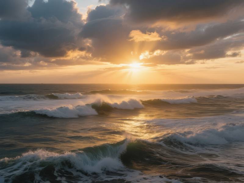 夕阳海浪图片