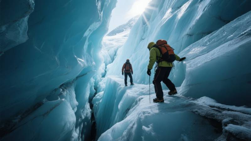冰川探险者前行图片
