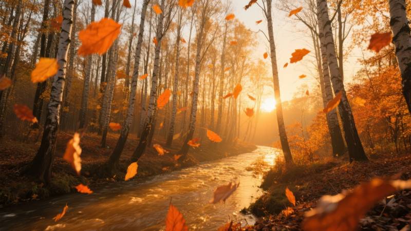 秋林落叶 阳光洒落图片