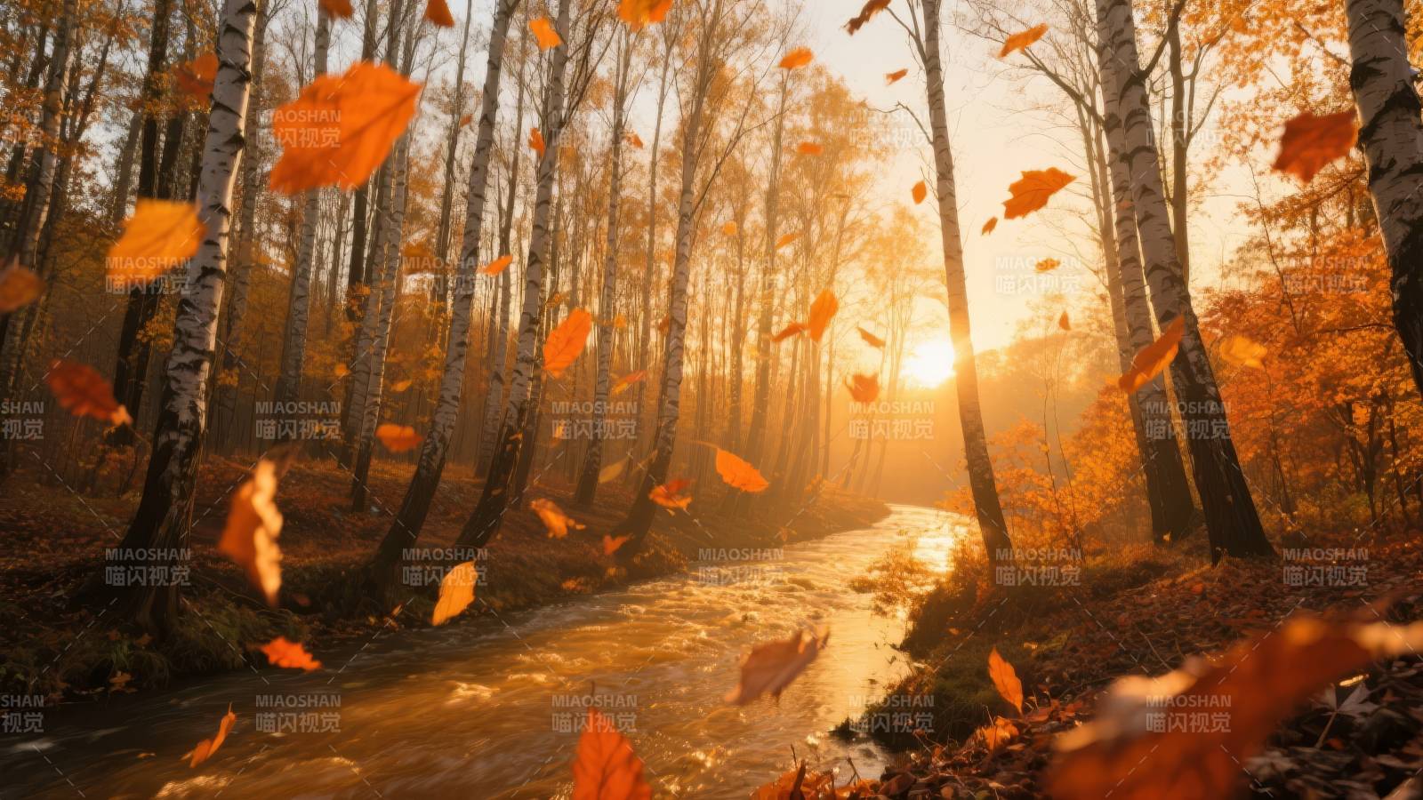 秋林落叶 阳光洒落图片