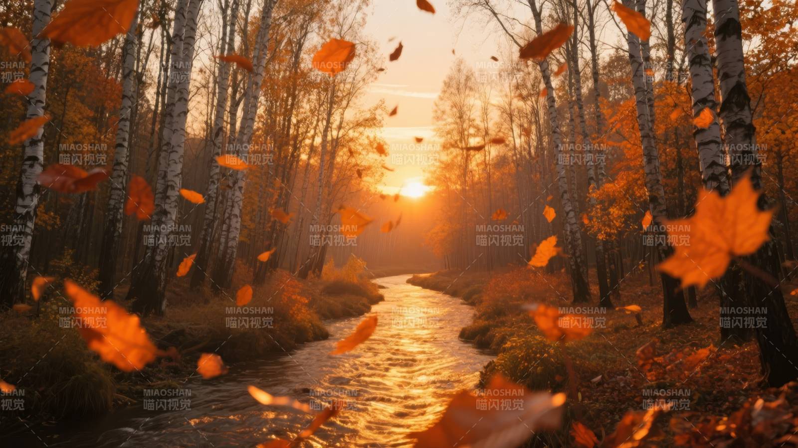 秋林溪畔夕阳美图片